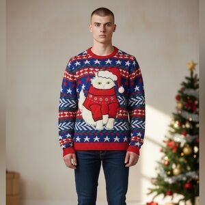 Jolly Sweaters Acrylic Ugly Christmas Sweater Cat Santa Claus Men’s Xmas Unisex